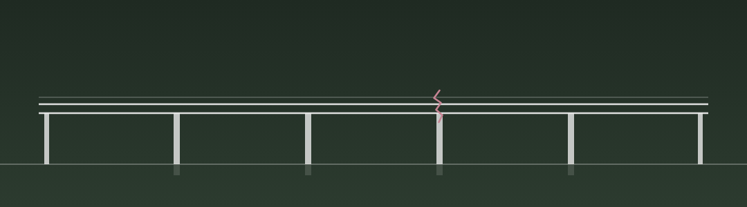 Schematische Brücke mit einem feinen Riss im Überbau — Sinnbild für einen Tragwerksschaden, der sich über Jahre ankündigt.